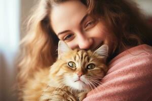 Portrait of people hugging cat pet concept photo