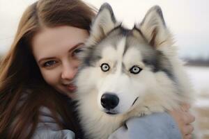 Portrait of people hugging husky dog pet concept photo