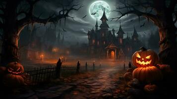 Spooky halloween wallpaper with pumpkin and old house photo