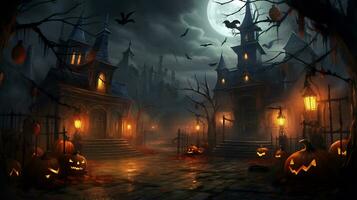 Spooky halloween wallpaper with pumpkin and old house photo