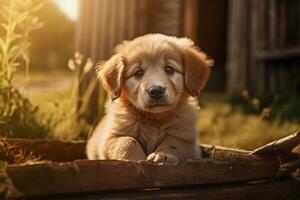 linda perrito en pequeño granja. perrito con gracioso Mira foto