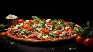 appetizing vegetarian pizza, composed with cherry tomatoes, garlic cloves, tomato puree, basil leaves, ricotta, grated parmesan, dried oregano, pesto, mushrooms as toppings photo
