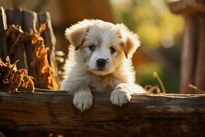 linda perrito en pequeño granja. perrito con gracioso Mira foto