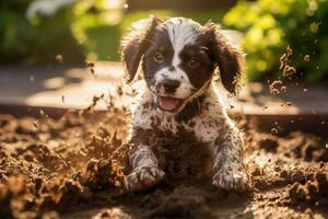 Close up dirty puppy playing in the garden. puppy with funny look. photo