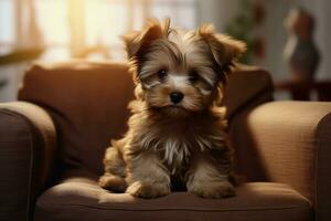 Domestic Animal Concept. Portrait of cute puppy in living room at home. free copy space photo