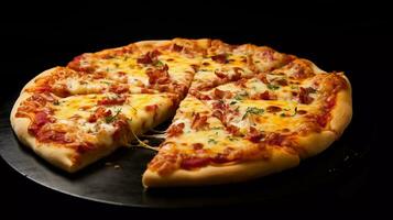 delicious pizza, composed with mozzarella cheese, American cheese, meat, red sauce, with three difference cheese as toppings photo