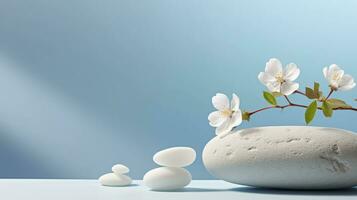 A minimalistic scene of a lying stone with flowers on a light blue background. Showcase for the presentation of natural products and cosmetics. photo