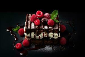 delicious chocolate cake with raspberries and herbs on a dark table. Chocolate cake. Wedding dessert. Birthday party. Delicious dessert. Traditional American dessert photo