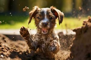 Close up dirty puppy playing in the garden. puppy with funny look. photo