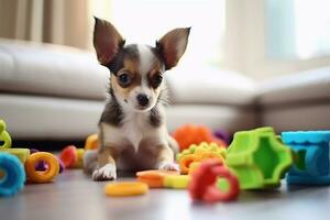 cute puppy playing with his toys in living room. puppy with funny look. photo