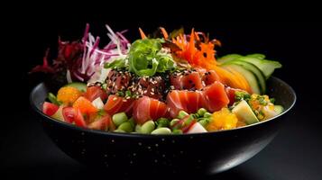 Delicious Japanese poke bowl presented in a professional studio with elegant black background photo