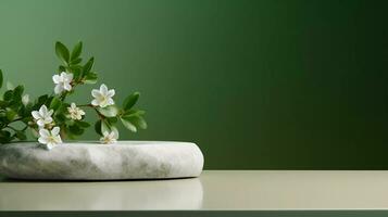 un minimalista escena de un acostado Roca con blanco jazmín flores en verde antecedentes. escaparate para el presentación de natural productos y productos cosméticos. foto