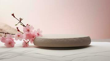 A minimalistic scene of a lying stone with flowers on a light pastel background. Showcase for the presentation of natural products and cosmetics. photo