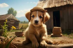 linda perrito en pequeño granja. perrito con gracioso Mira foto