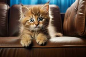 Domestic Animal Concept. Portrait of cute kitten in living room at home. free copy space photo