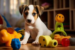 linda perrito jugando con su juguetes en vivo habitación. perrito con gracioso mirar. foto