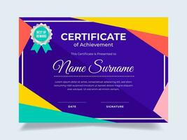 Colorful flat certificate of achievement template with silver badge. Perfect for employee awards. vector