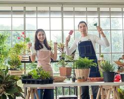 Gardener young Asian man woman two person family stand  smiling lookand helping organize small tree. Inside room  tree leaf green in calm work shop home plant . hobby job happy and care concept photo