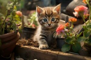 linda gatito en pequeño granja. gatito con gracioso Mira foto