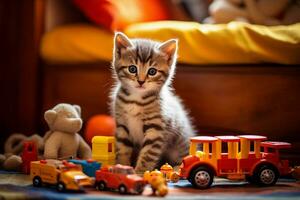 Domestic Animal Concept. cute kitten playing with his toys in living room. kitten with funny look. photo