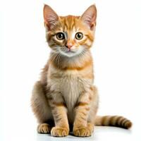 an orange tabby kitten sitting in front of a white background generative AI photo