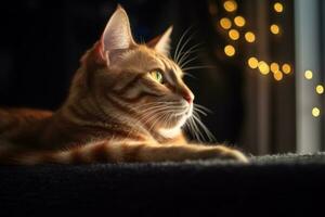 an orange tabby cat looking out the window generative AI photo