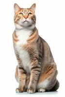 an orange and white striped cat sitting down on a white background generative AI photo