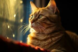 an orange tabby cat looking out the window generative AI photo
