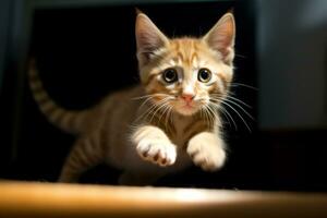 un naranja atigrado gatito corriendo a través de un de madera piso generativo ai foto