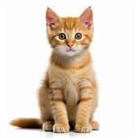 an orange tabby kitten sitting in front of a white background generative AI photo