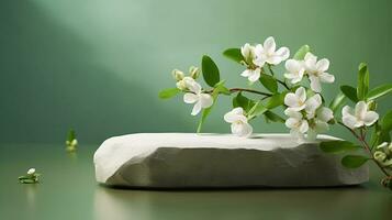 A minimalistic scene of a lying stone with white jasmine flowers on green background. Showcase for the presentation of natural products and cosmetics. photo