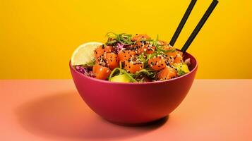 Delicious Japanese poke bowl presented in a professional studio with bright background photo