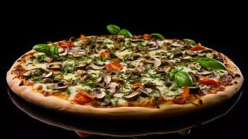 appetizing vegetarian pizza, composed with cherry tomatoes, garlic cloves, tomato puree, basil leaves, ricotta, grated parmesan, dried oregano, pesto, mushrooms as toppings photo