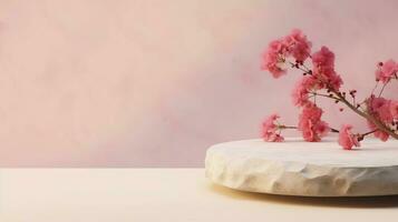 A minimalistic scene of a lying stone with flowers on a light pastel background. Showcase for the presentation of natural products and cosmetics. photo