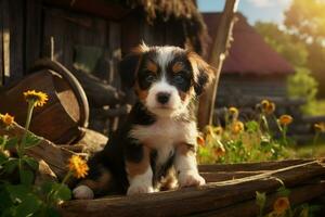 linda perrito en pequeño granja. perrito con gracioso Mira foto