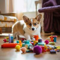 linda perrito jugando con su juguetes en vivo habitación. perrito con gracioso mirar. foto