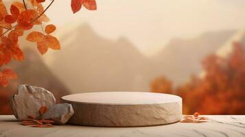 Autumn showcase made of white natural stone, autumn foliage for product promotion. Empty space with autumn leaves and stones on bright background photo