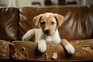 naughty playful puppy dog lying on couch at home. Guilty dog and destroyed living room. Damage messy home and puppy with funny guilty look. photo