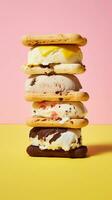 Set of various flavour of ice cream sandwiches on bright background photo