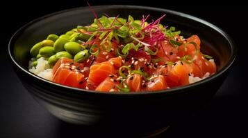 Delicious Japanese poke bowl presented in a professional studio with elegant black background photo