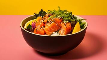 Delicious Japanese poke bowl presented in a professional studio with bright background photo