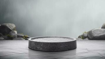 Flat round granite pedestal with small black stones around the granite on textured background and water flowing under the granite stone photo