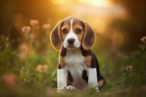 linda perrito en pequeño granja. perrito con gracioso Mira foto