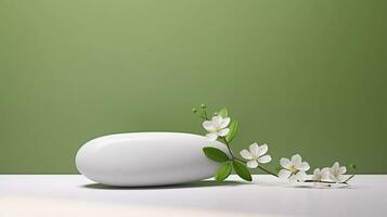 A minimalistic scene of a lying stone with white jasmine flowers on green background. Showcase for the presentation of natural products and cosmetics. photo