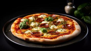 delicious pepperoni pizza, composed with garlic cloves, tomato puree, basil leaves, ricotta, dried oregano, pesto, red sauce, with three difference cheese as toppings photo