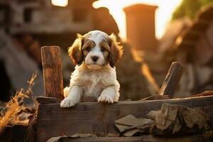 linda perrito en pequeño granja. perrito con gracioso Mira foto