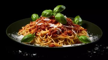 appetizing spaghetti Italian food composed with red sauce, topped with ketchup and cheese photo