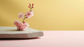 A minimalistic scene of a lying stone with flowers on a light pastel background. Showcase for the presentation of natural products and cosmetics. photo