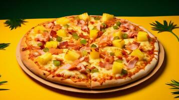 appetizing hawaiian pizza, composed with ham, grilled chicken, bacon, pineapple, green peppers, onions, yellow sauce, mozzarella cheese, ricotta, grated parmesan as toppings photo