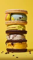 Set of various flavour of ice cream sandwiches on bright background photo